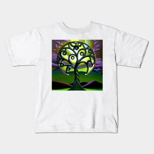 Celtic Stained Glass Tree of Life with Purple Clouds Kids T-Shirt